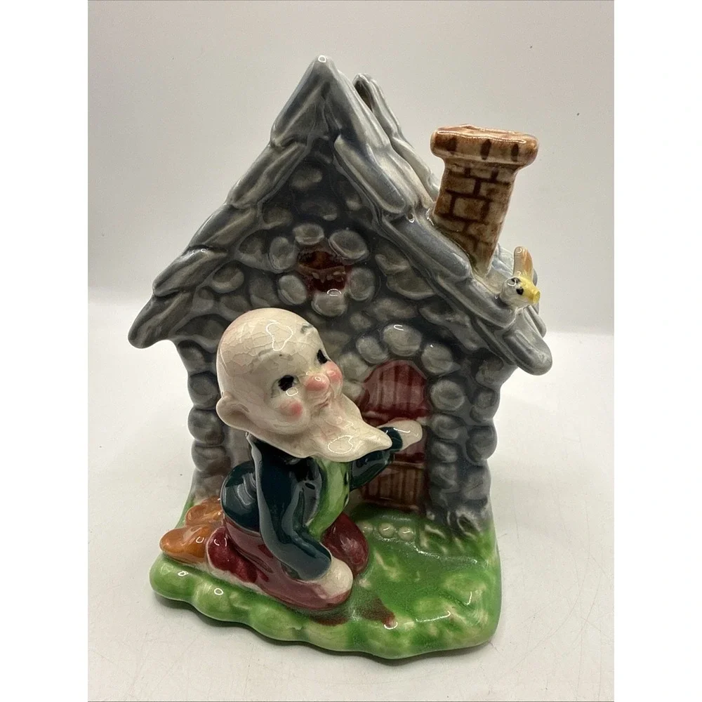 Vintage Japan Ceramic Blacksmith Gnome Log Cabin Pocket Planter Novelty Vase Vtg